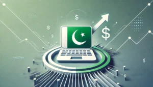 Illustration showcasing freelancing opportunities in Pakistan, with a laptop icon featuring a growth arrow and dollar symbol, highlighting the global earning potential for freelancers.