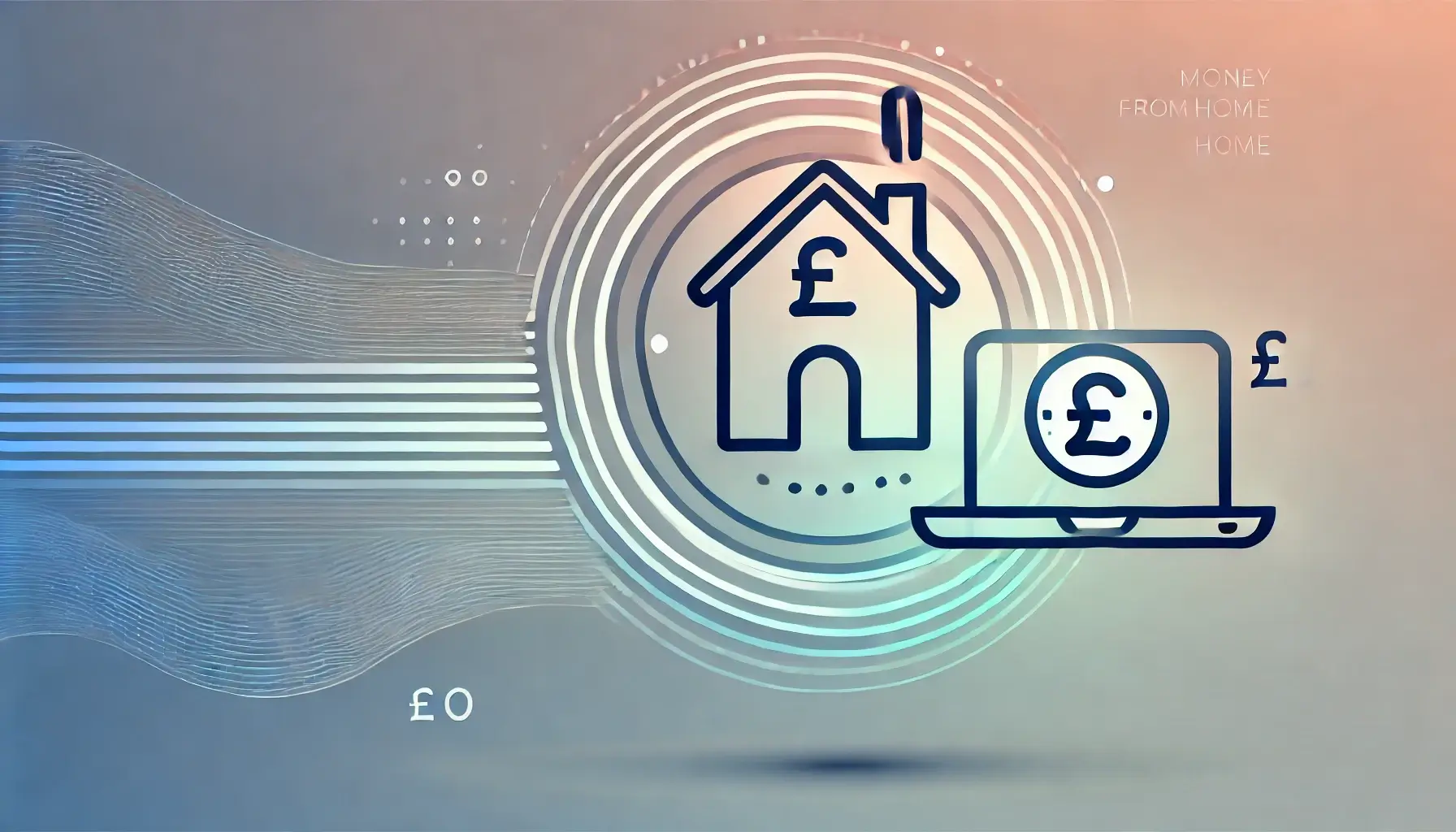 A sleek, modern image featuring a gradient background and an icon representing making money from home in the UK, showcasing a laptop and pound symbol (£).