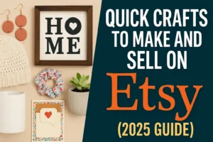 Thumbnail image for a 2025 guide on quick crafts to make and sell on Etsy, featuring handmade items like candles, earrings, and mason jar crafts arranged on a clean white table with tools and materials. Text overlay reads “Quick Crafts to Sell on Etsy—2025 Guide”.