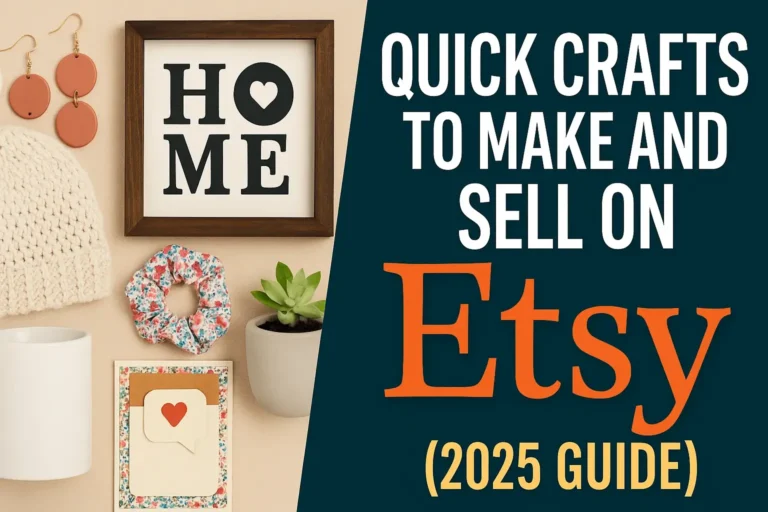 Thumbnail image for a 2025 guide on quick crafts to make and sell on Etsy, featuring handmade items like candles, earrings, and mason jar crafts arranged on a clean white table with tools and materials. Text overlay reads “Quick Crafts to Sell on Etsy—2025 Guide”.