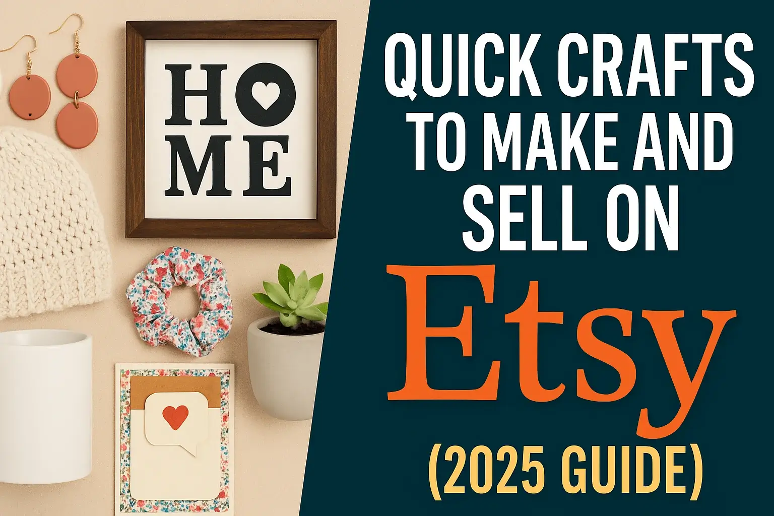 Thumbnail image for a 2025 guide on quick crafts to make and sell on Etsy, featuring handmade items like candles, earrings, and mason jar crafts arranged on a clean white table with tools and materials. Text overlay reads “Quick Crafts to Sell on Etsy—2025 Guide”.