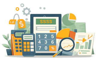 Illustration showing Etsy tools and calculators, including profit analysis, cost tracking, and product research elements.