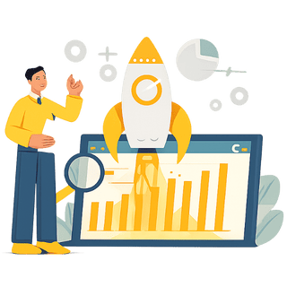 Illustration showing Etsy SEO growth with a rising chart, search analysis, and a rocket representing improved Etsy listing visibility.