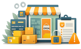 Illustration representing Etsy shop setup, account management, payments, and compliance with shop policies.