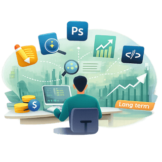 Illustration representing in-demand freelancing skills, including digital work, skill selection, and market demand analysis.