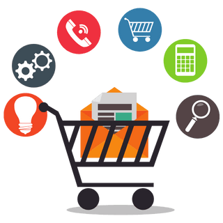 Illustration representing an e-commerce business with online shopping, tools, analytics, and digital operations.