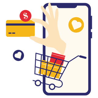 Illustration showing an online shopping process with mobile checkout, cart, and digital payment icons.