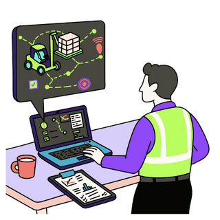 Illustration showing e-commerce order fulfillment planning, including inventory tracking, shipping routes, and logistics management.