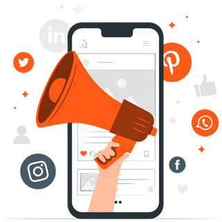 Illustration showing e-commerce marketing and growth through social media promotion, customer engagement, and online visibility.