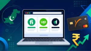 Flat-style digital illustration showing a laptop with freelancing platform icons, a Payoneer card floating on the right, and a rupee symbol with an upward arrow, set against a dark navy to teal gradient background with abstract geometric shapes.