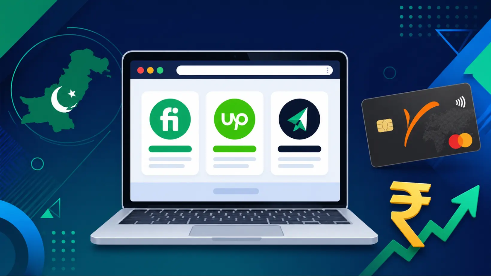Flat-style digital illustration showing a laptop with freelancing platform icons, a Payoneer card floating on the right, and a rupee symbol with an upward arrow, set against a dark navy to teal gradient background with abstract geometric shapes.